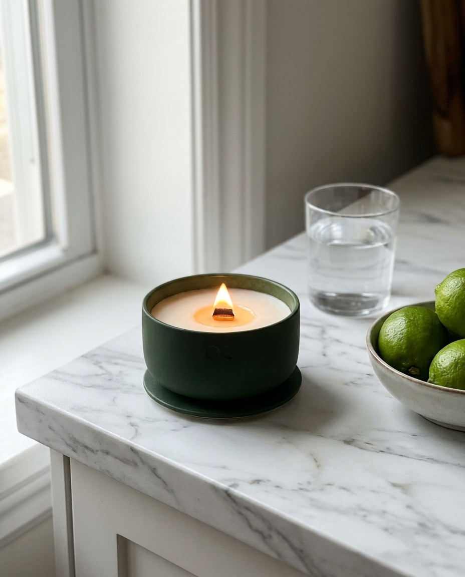 Brandende bosgroene Lumond Lime, Basil & Citrus keramische kaars op een marmeren aanrecht met limoenen