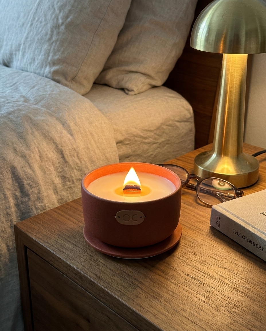 Brandende terracotta Lumond Sandalwood keramische kaars op een nachtkastje naast een koperen lamp en een boek