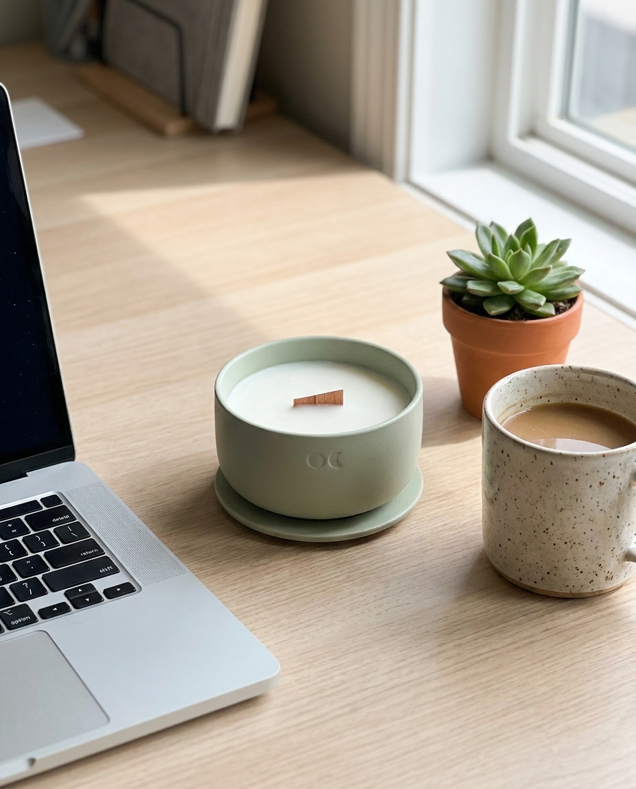 Lichtgroene Lumond Sea Salt & Sage keramische kaars op een opgeruimd thuiswerkbureau met een vetplant